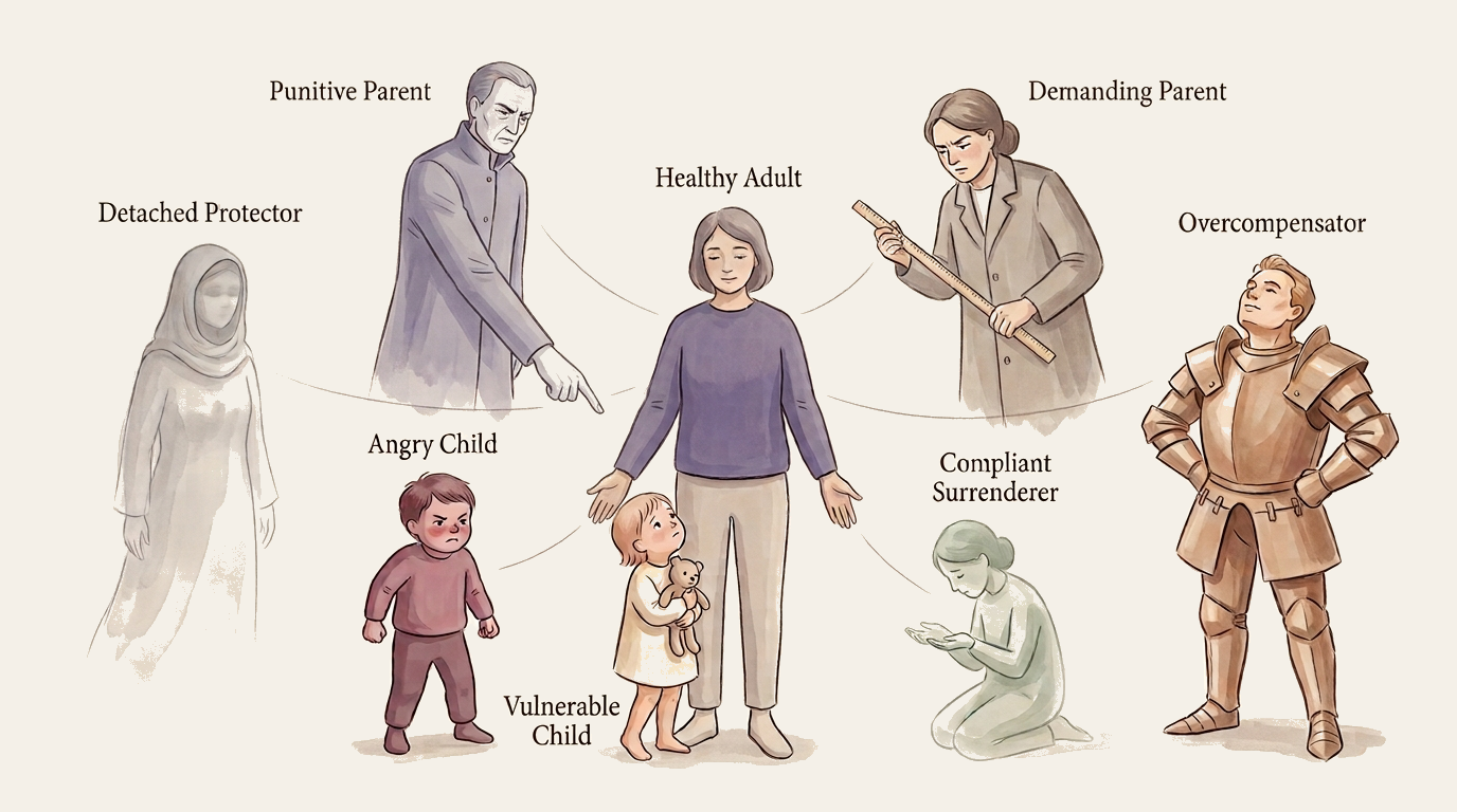 A Healthy Adult figure at the center, surrounded by six schema-therapy modes: Vulnerable Child, Angry Child, Detached Protector, Compliant Surrenderer, Overcompensator, Punitive Parent and Demanding Parent.